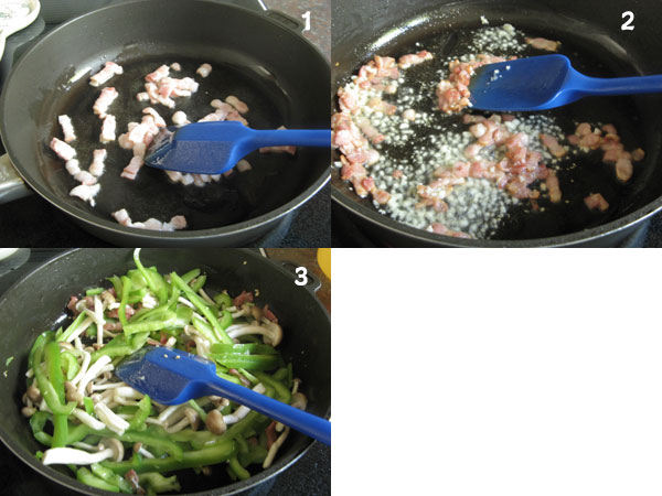  【Stir Fried Green Pepper, Mushroom with Bacon】