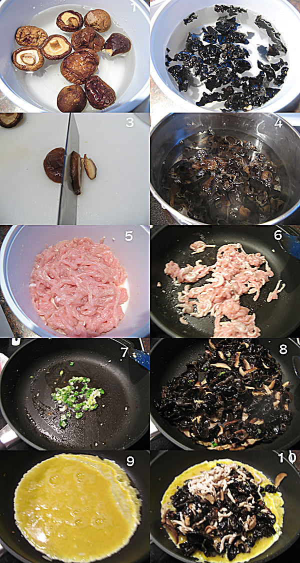  芙蓉木耳香菇炒肉丝 Egg Mushroom Black Woodear and Shredded pork stir fry