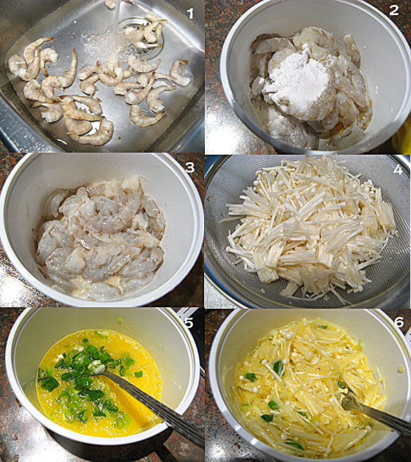  金针菇鸡蛋炒虾Shrimp egg and enoki stir fry