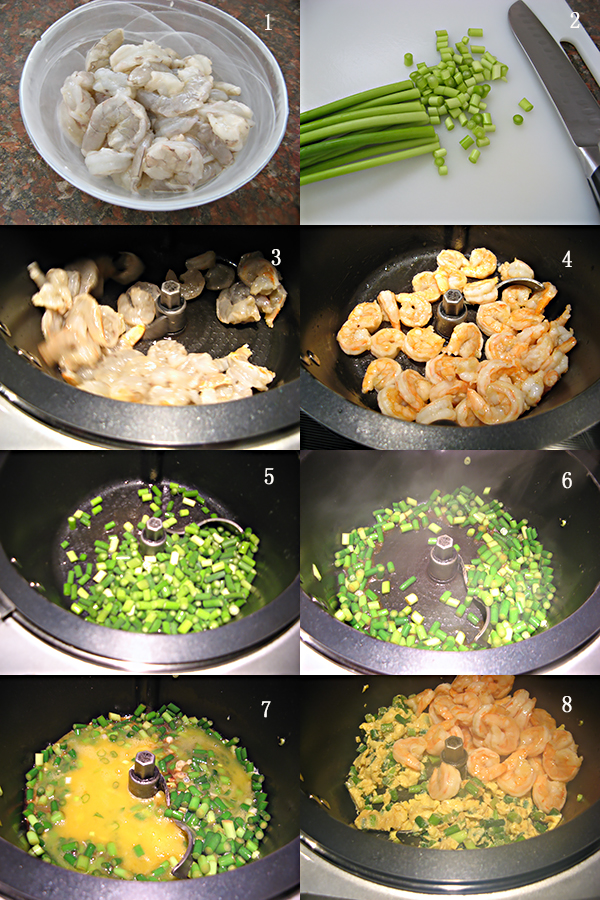  蒜苔鸡蛋炒虾仁Shrimp egg and garlic shoot stir fry